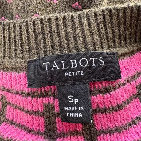 Talbots SP Small Petite Sweater Crewneck Cotton Brown Pink Hearts Novelty Lambs - Picture 4 of 6